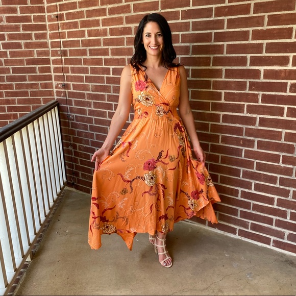 ReStocked** Orange Floral Hanky Hem Midi Dress - Picture 3 of 13